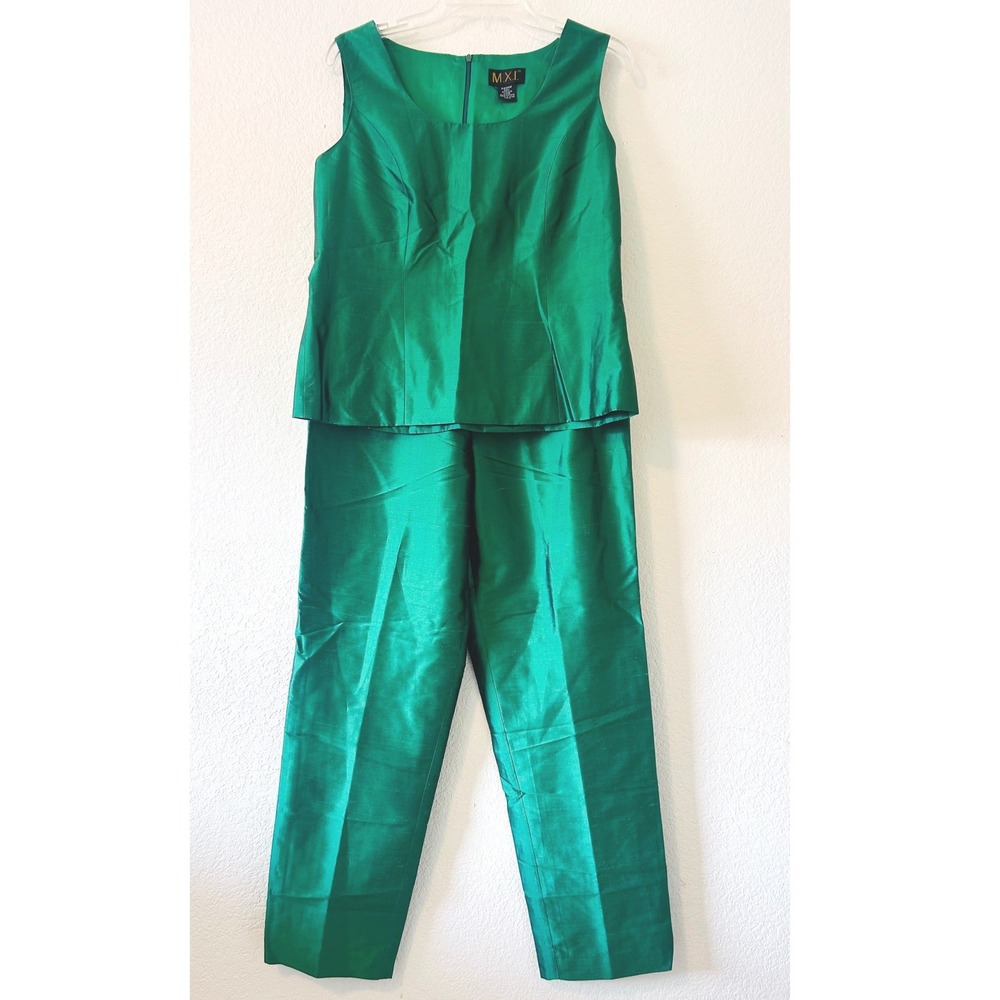 MXI Dopamine Emerald Green Silk 2 Piece Pant Set Sleeveless Top Trousers SZ 8